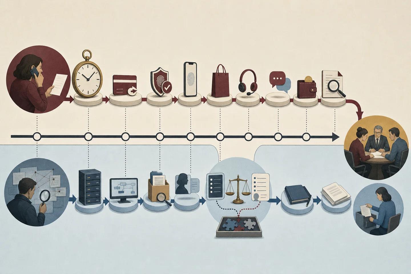 Separate dispute and fraud lanes share evidence while the consumer-notice timeline stays visible from intake to outcome.