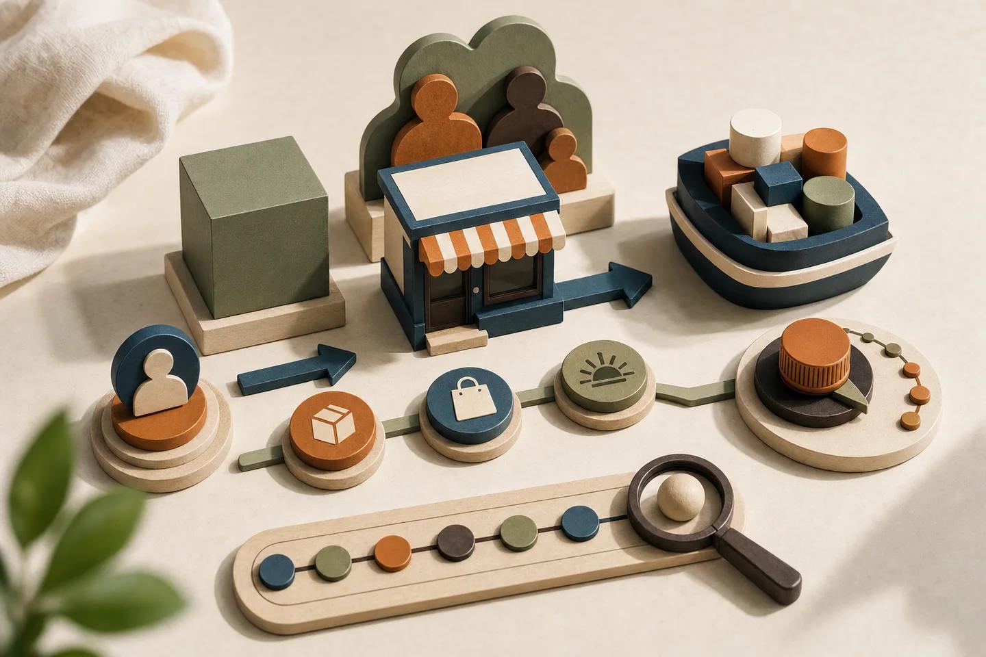A merchant still life connects entity, ownership, authority, settlement, channel, limits, and early monitoring evidence.