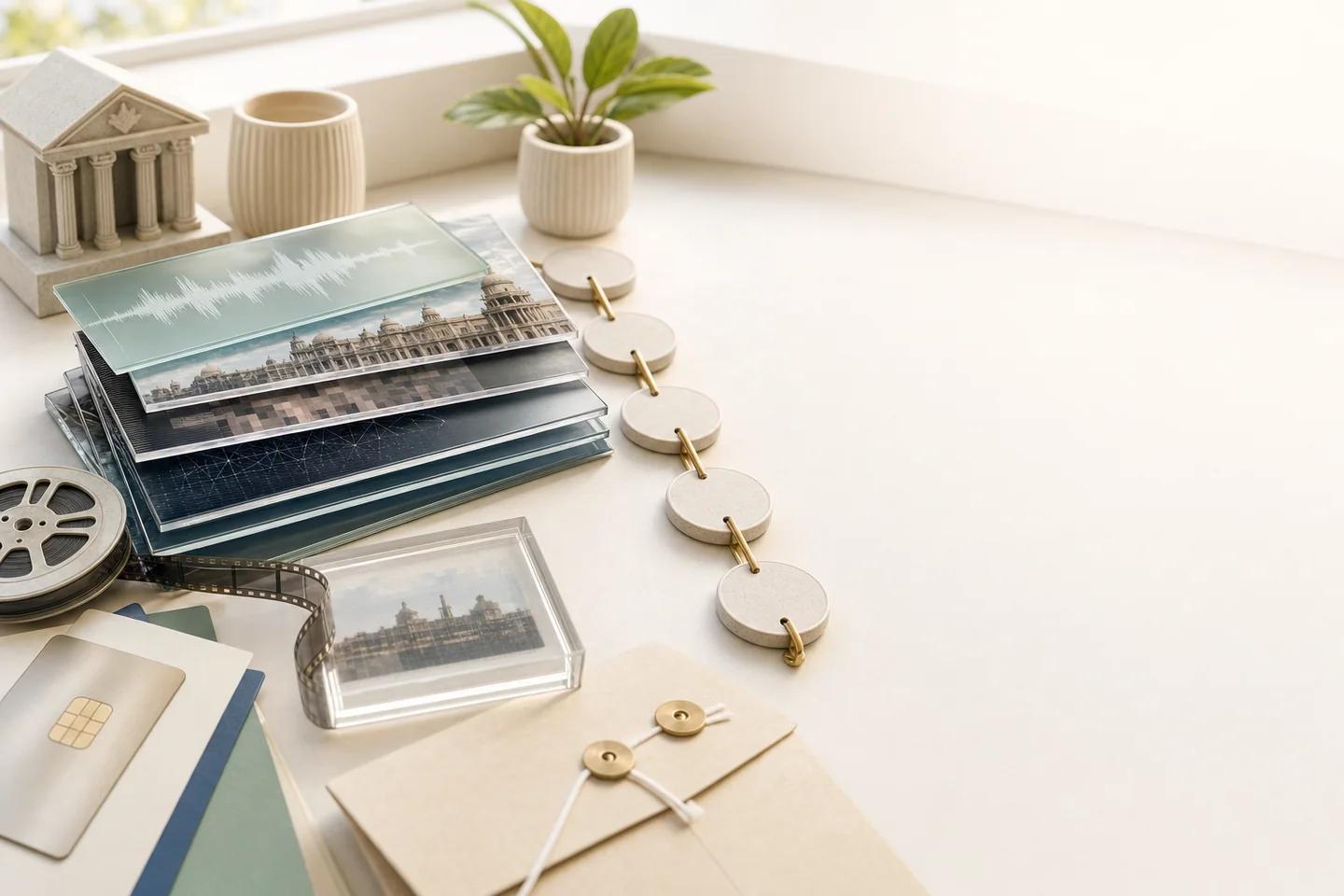 A small bank model, stacked photo and waveform cards, a payment card, a film reel and a chain of discs on a sunlit desk.