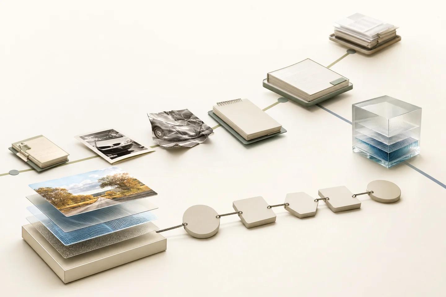 Verification objects arranged on a white surface, representing deepfake detection steps in claims processing.
