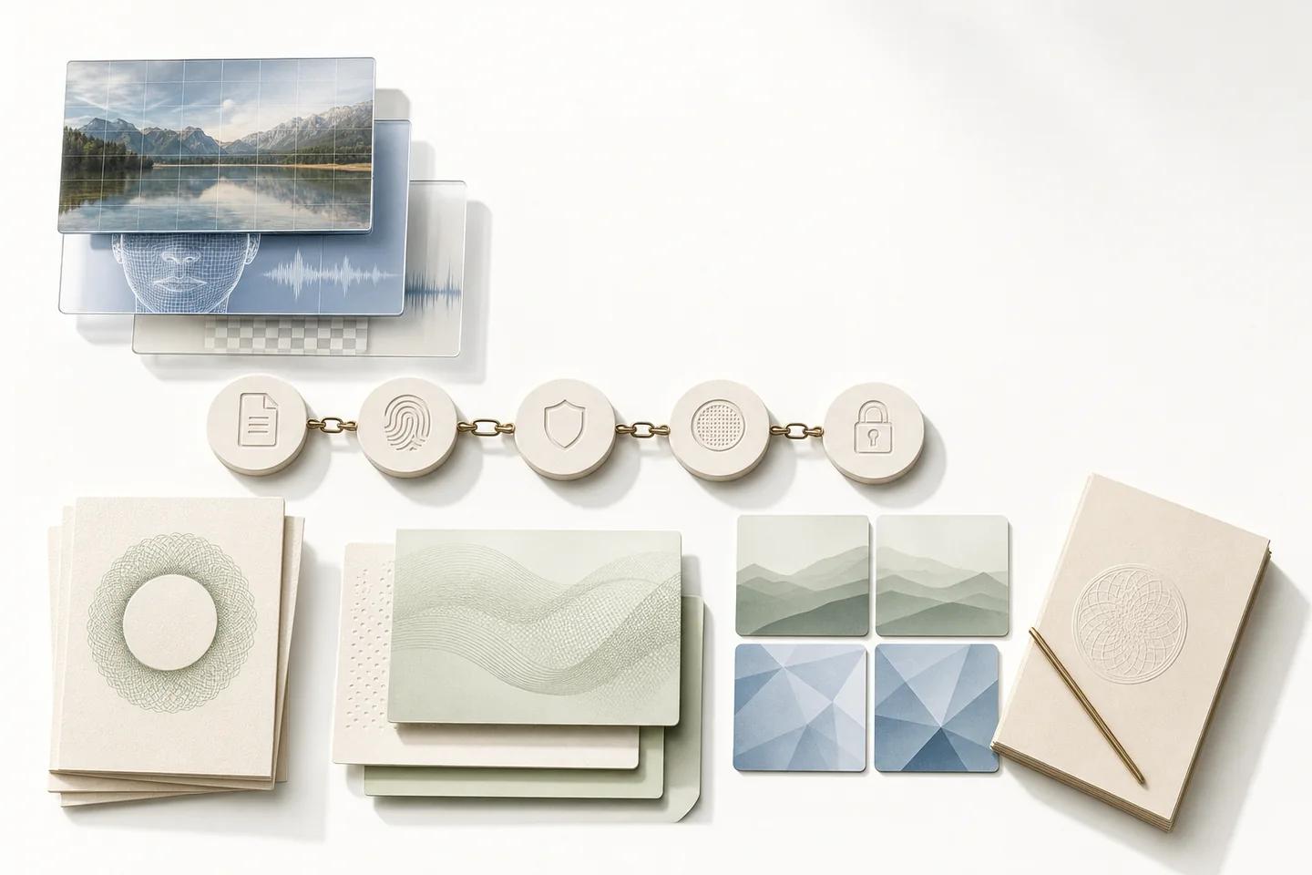 Verification objects arranged on a white surface, representing checks in an account recovery workflow.