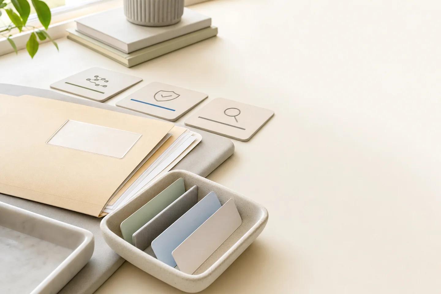 Folder and trays of cards beneath small tiles with check and search icons on a light surface.