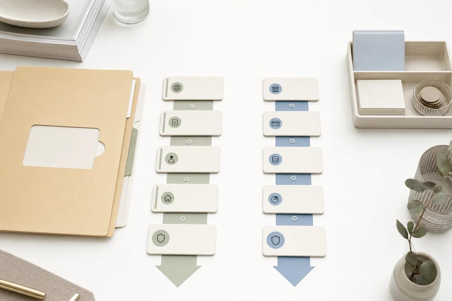 Folder next to two columns of labelled tiles flowing down to arrows, with a tray of cards.