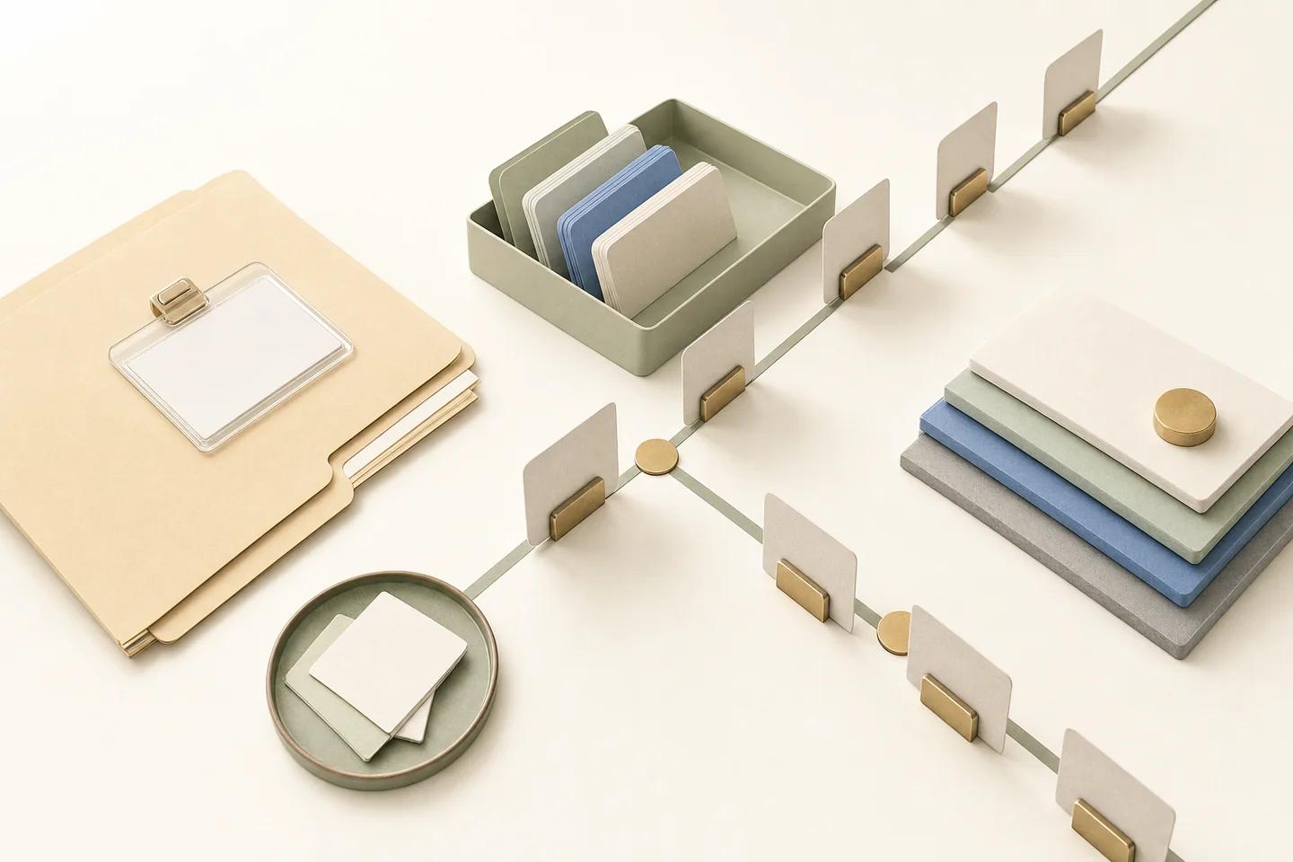 Folder beside a line of small cards on a connector rail, with trays of stacked cards, arranged as a verification pipeline.