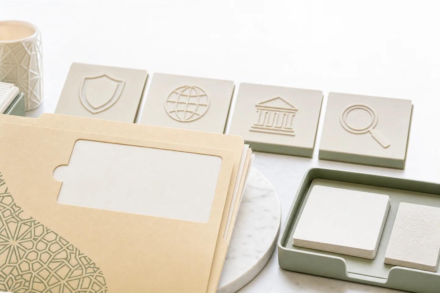 Folder with a geometric pattern beside tiles showing a shield, globe, bank and magnifying glass.