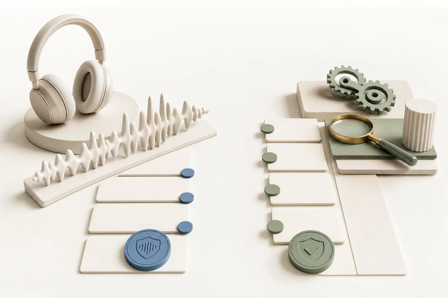 Paper still life with a headset beside a sound wave and two rows of cards marked with shield icons, next to a magnifier and gears.
