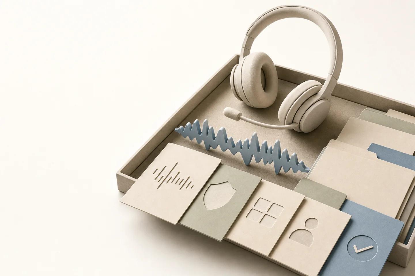 Headset resting in a tray with a paper sound wave and cards showing a waveform, shield, grid, person and check mark.