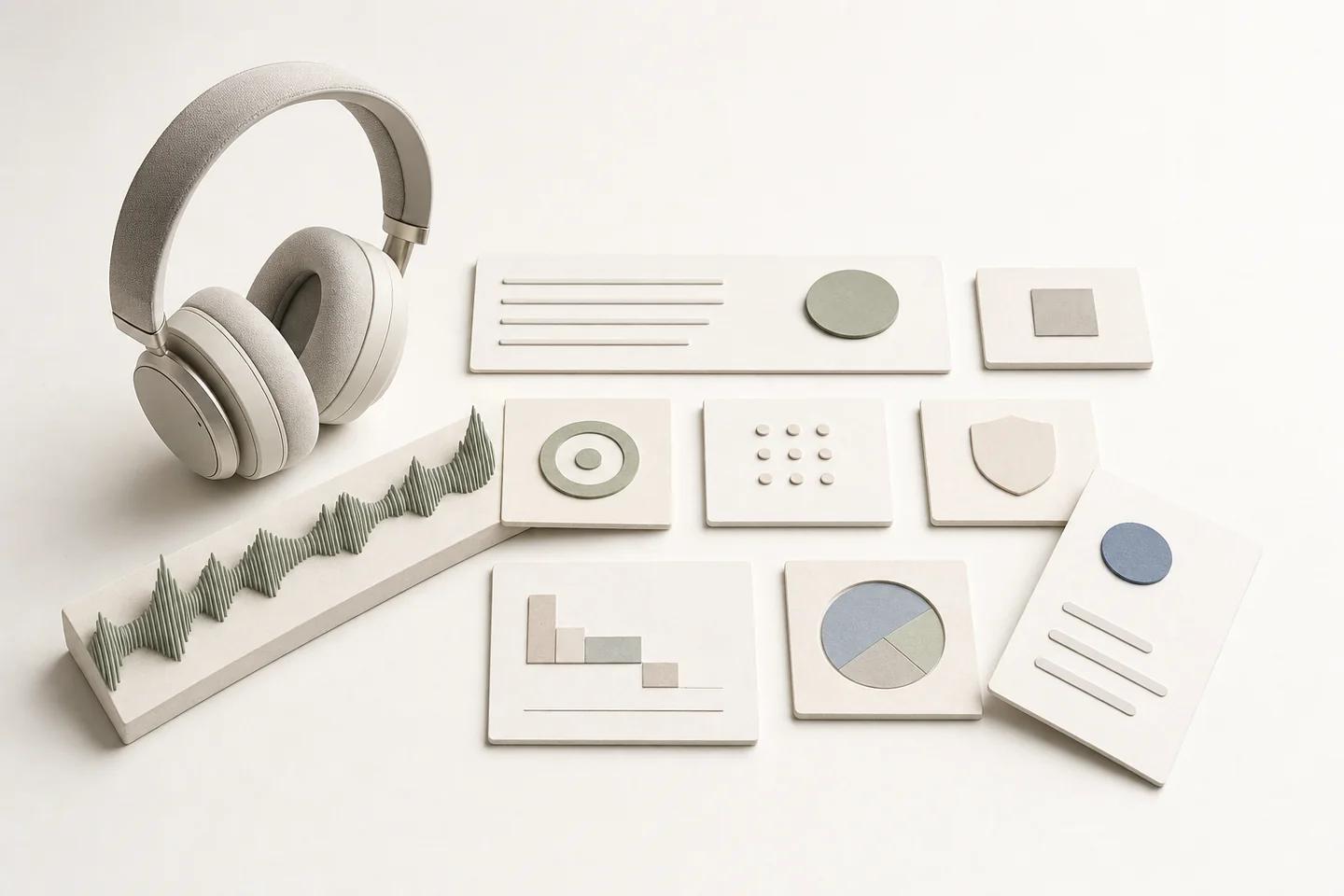 Light grey headphones beside a sculpted green audio waveform and a set of tiles with charts, a shield and a fingerprint-like dot grid.