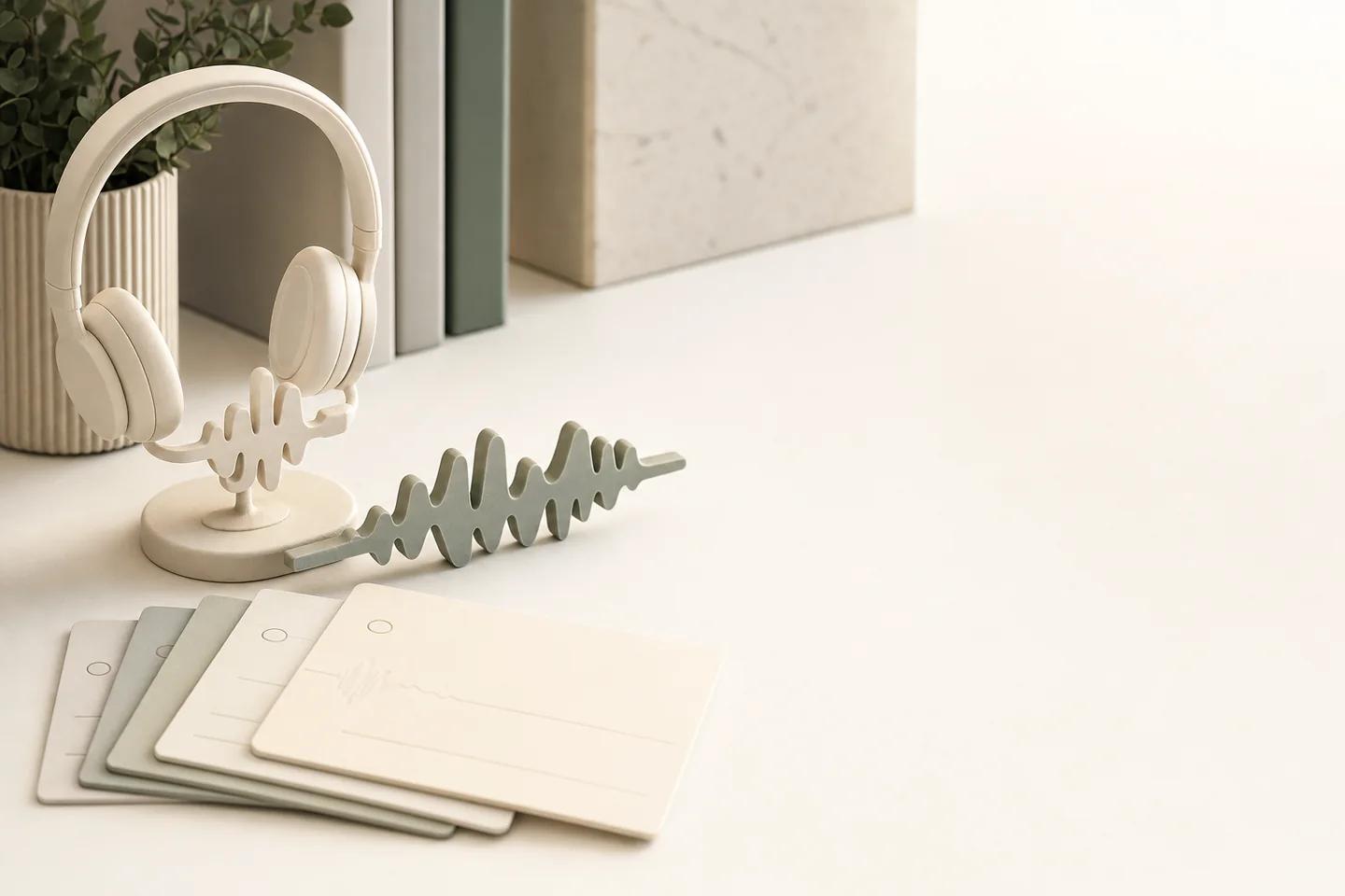 White headset on a stand next to a green paper waveform and a fan of blank cards on a desk.