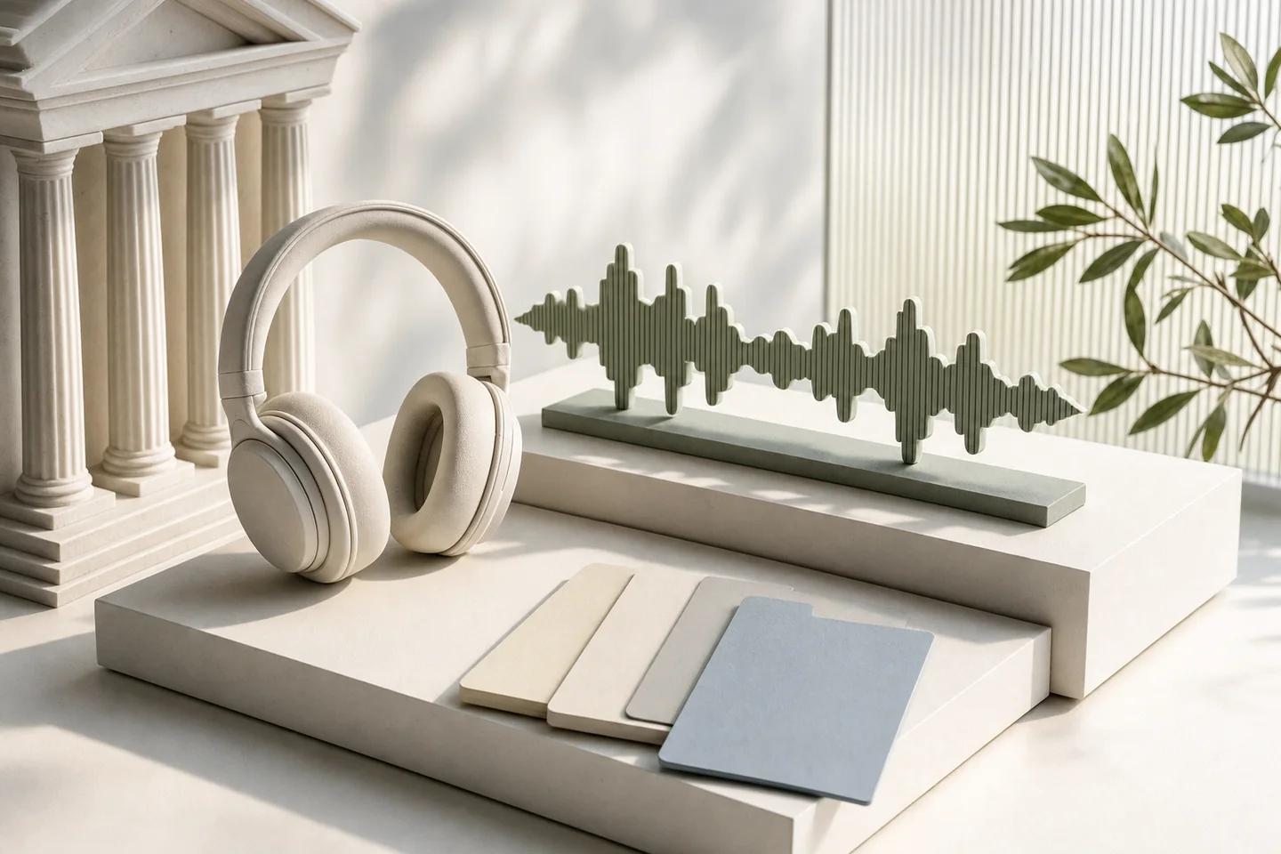 Headset on a stone plinth beside a model of a classical bank facade and a green waveform sculpture.