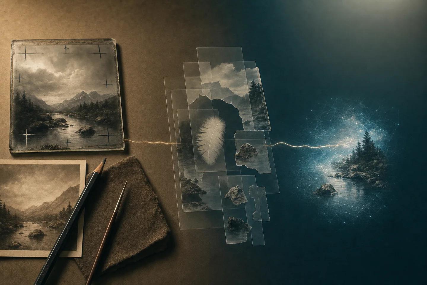 Retouching tools, layered image fragments, and an inferred visual form show three stages of media alteration.
