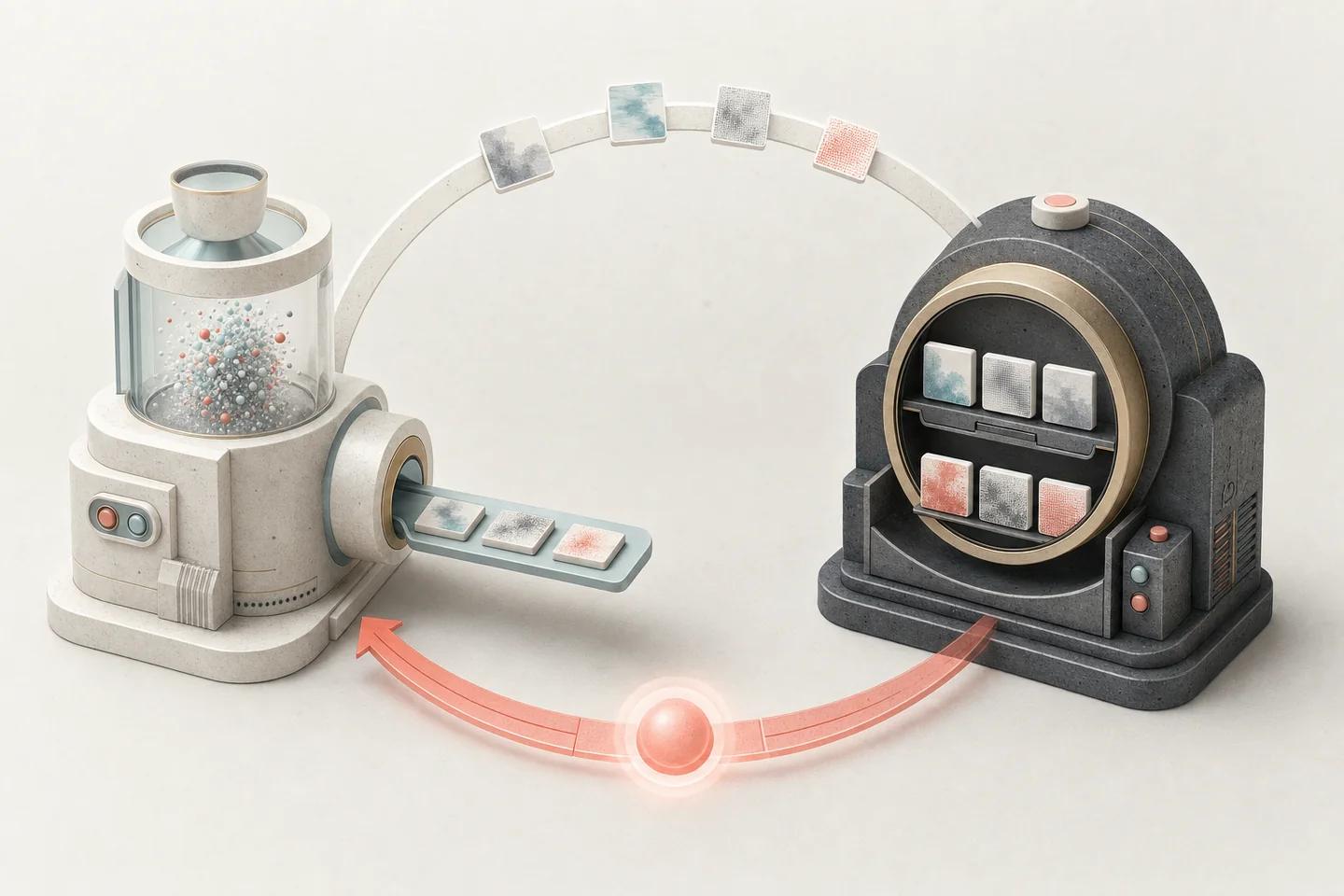 A white machine scattering particles feeds tiles along a looping track into a dark cabinet with a display of tiles, with a red arrow returning to the start.