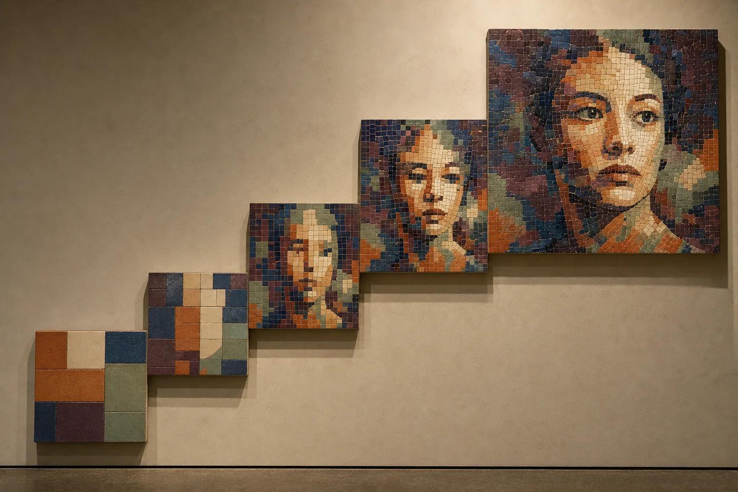 Stepped ceramic mosaics progress from broad portrait blocks to fine synthetic detail.