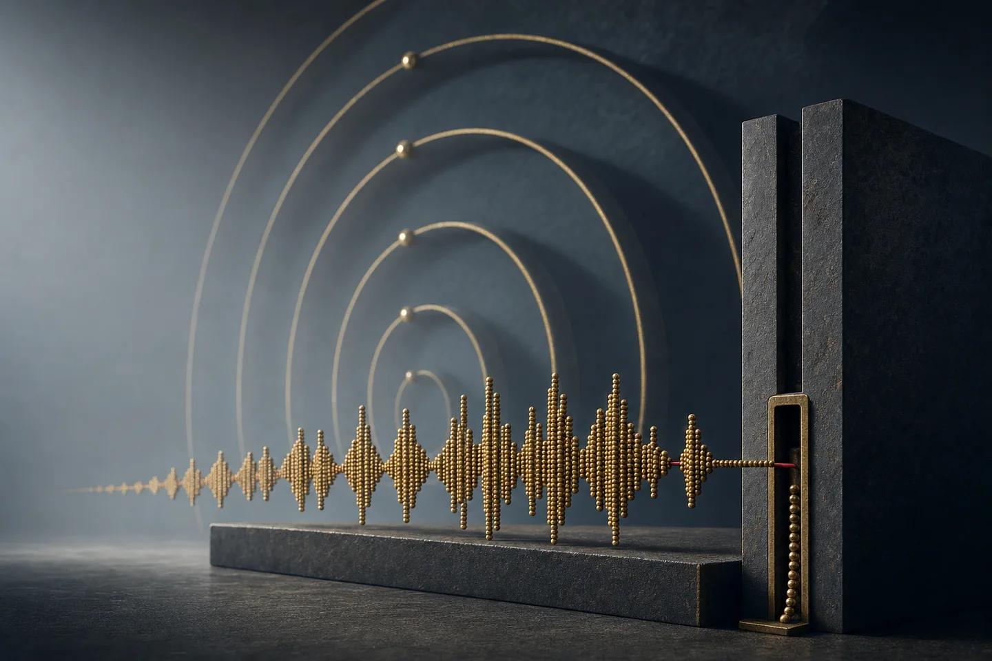 A waveform sculpture forms one sample bead at a time through expanding temporal arches.