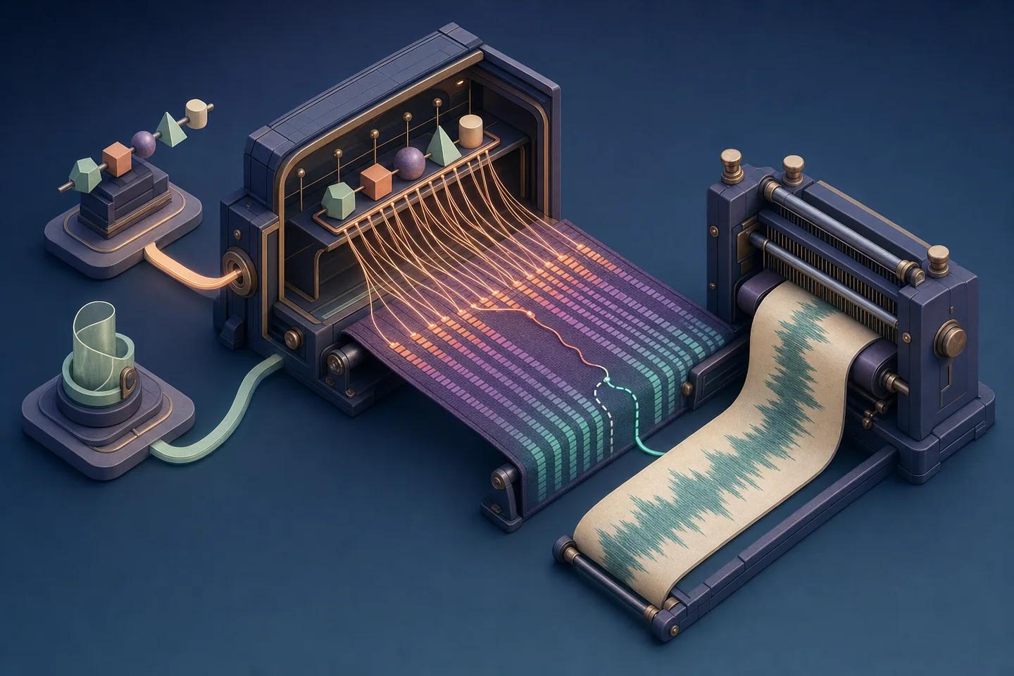 Abstract input tokens align to longer acoustic frames before a separate loom renders the waveform.