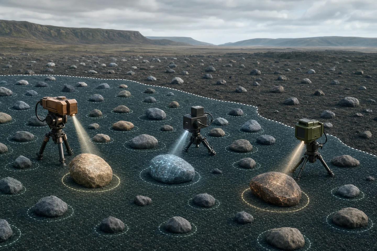 Three tripod-mounted instruments shine light on scattered stones in a wide landscape, each lighting only the stones inside its own marked circle.