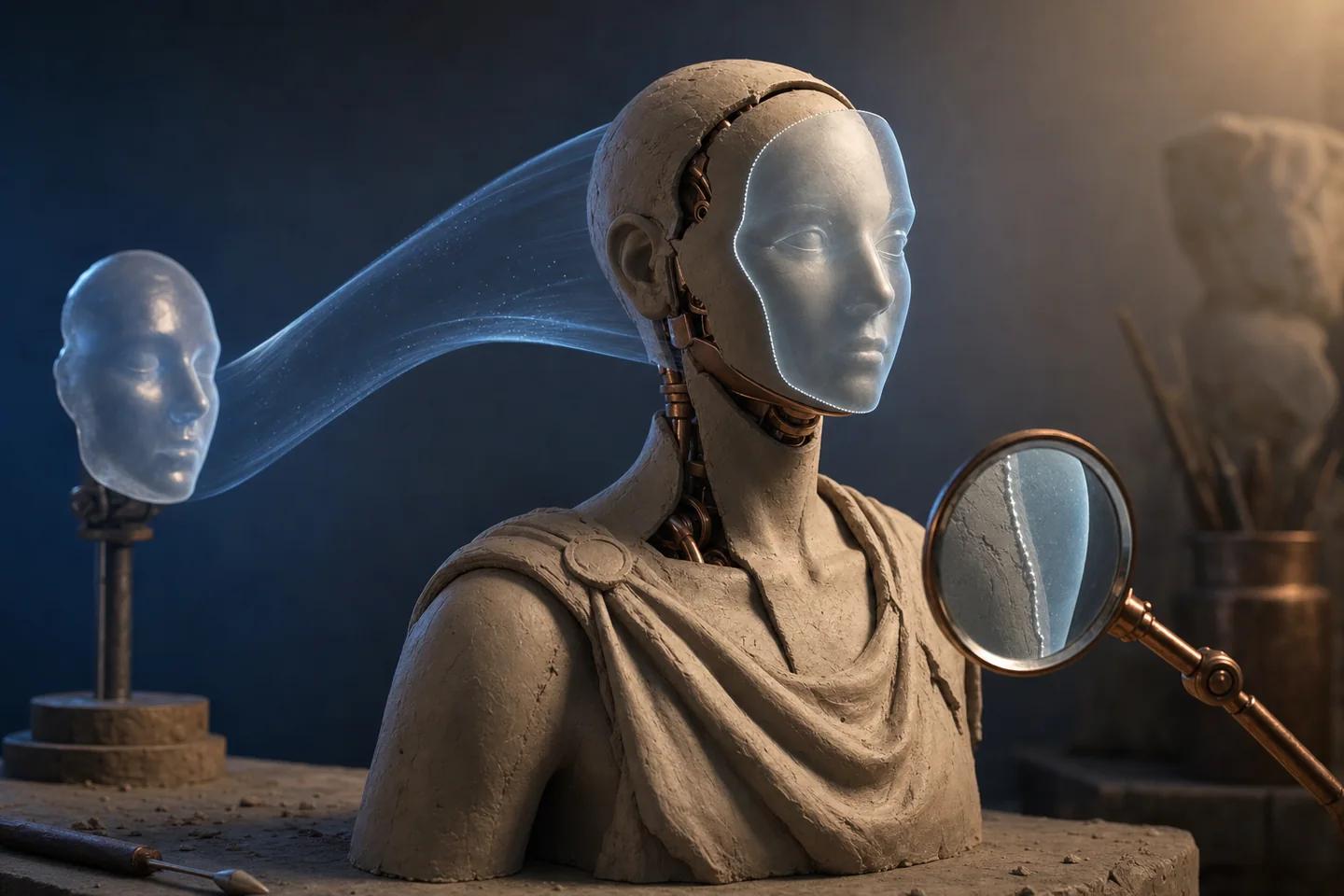 A translucent identity shell transfers onto a faceless bust while pose and scene remain.