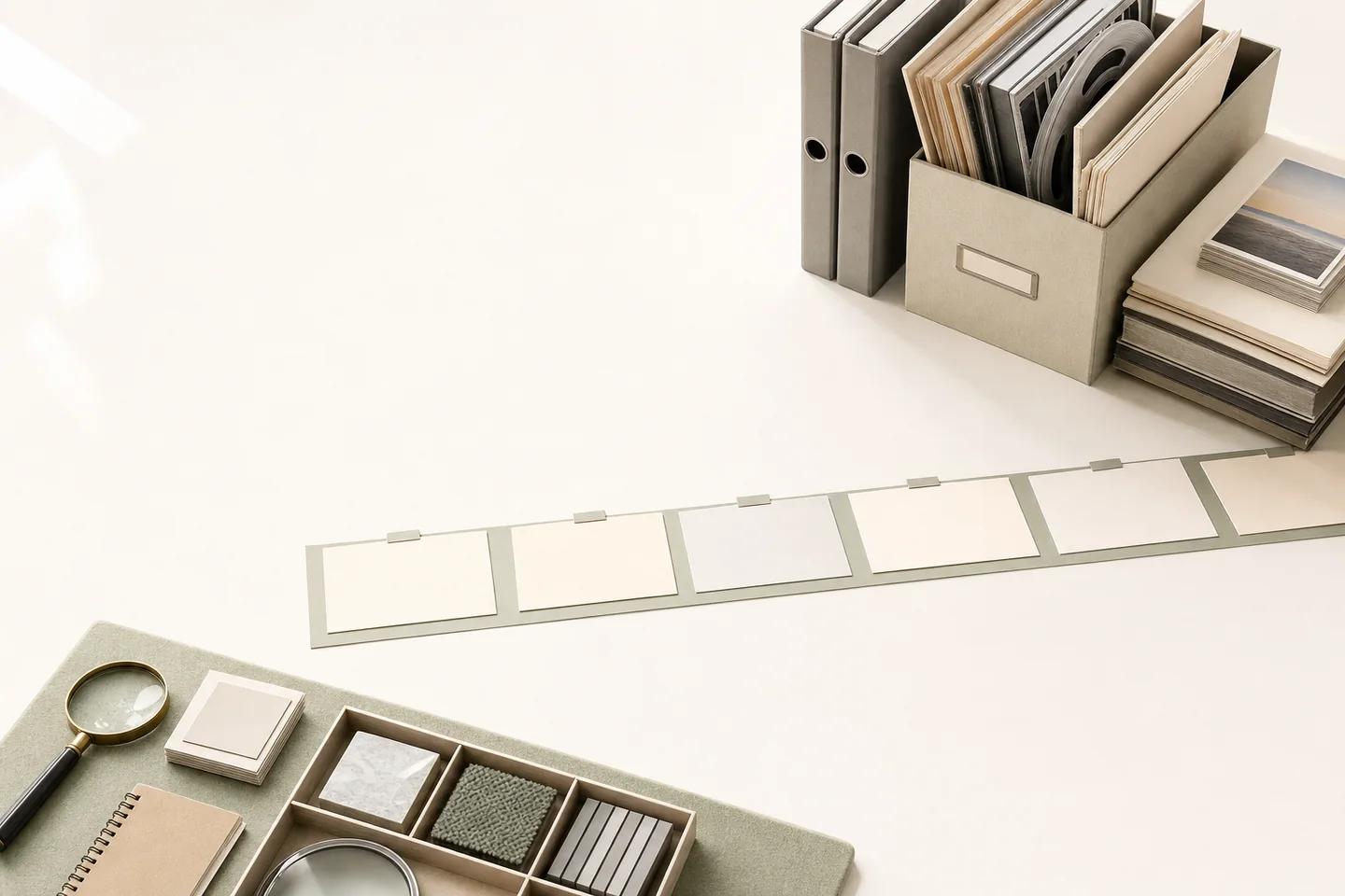 A file box of photo prints, a magnifying glass over a tray of swatches and a strip of blank frames on a white desk.