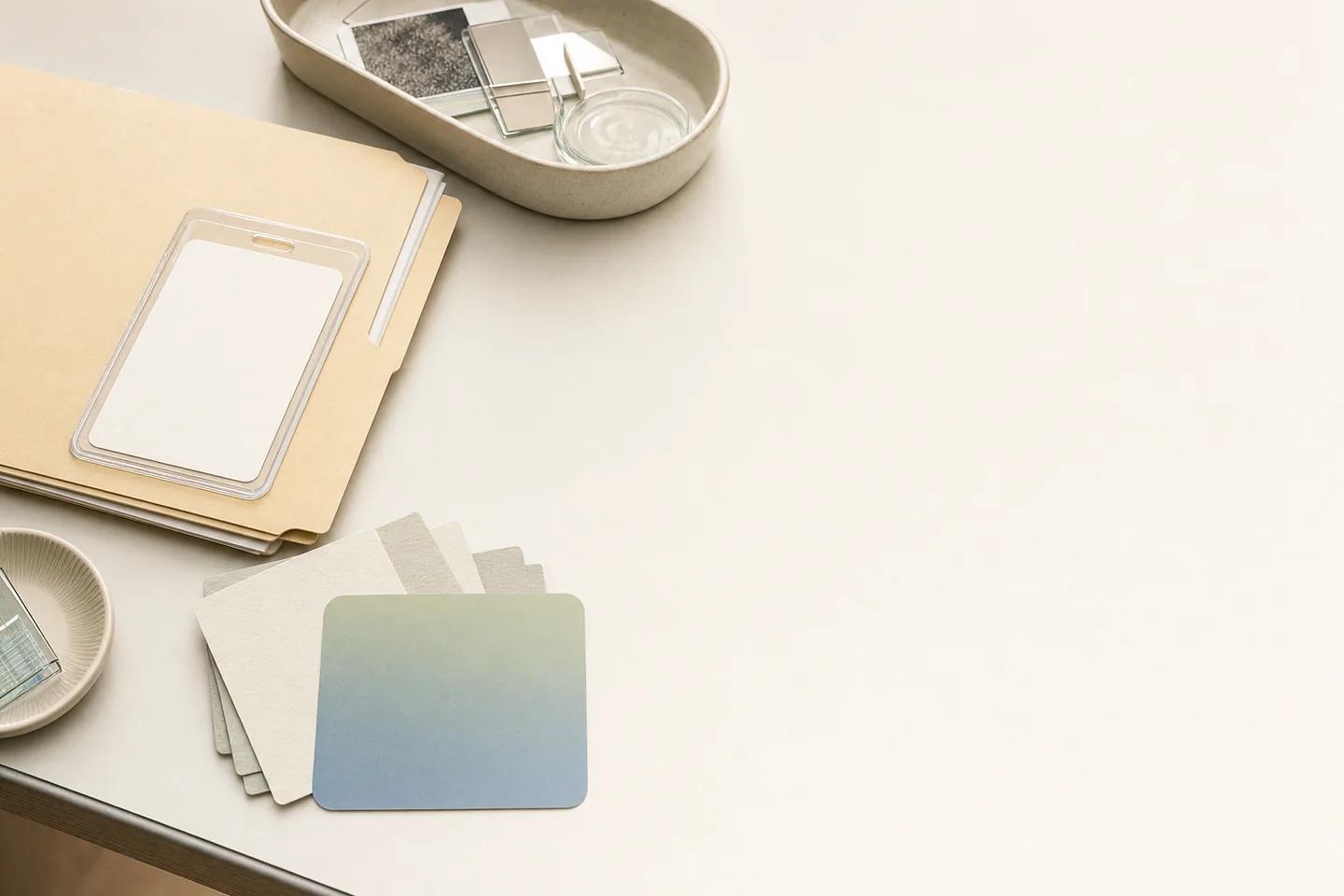 A manila folder with a blank ID badge in a clear holder, a fan of grey and blue cards, and a ceramic dish of glass slides on a pale desk.