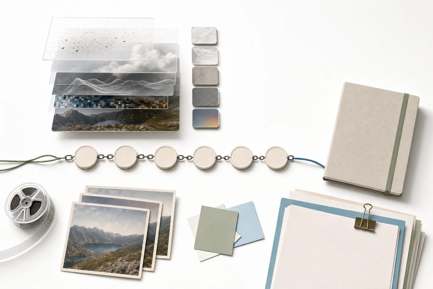 Stacked translucent image layers, colour swatches, a chain of discs, a notebook, a film reel and landscape prints on a white desk.