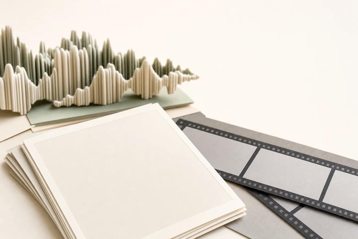 Sculpted paper waveform rising above a stack of blank cards and a film strip on a pale surface.