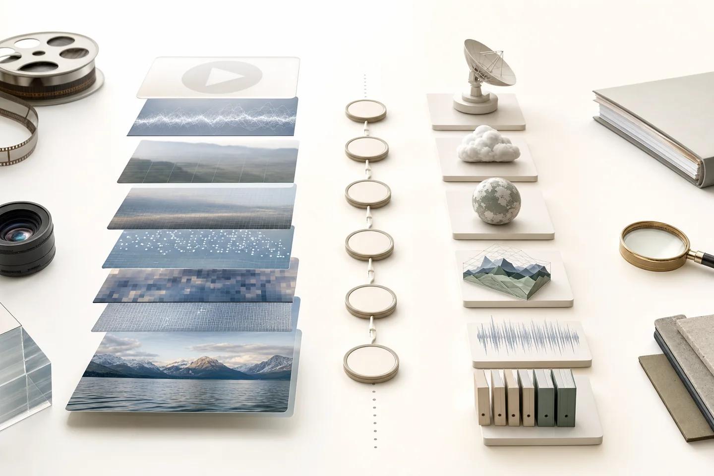 Landscape image panels lined up beside a column of discs, model clouds, a satellite dish and folders, with a magnifying glass.