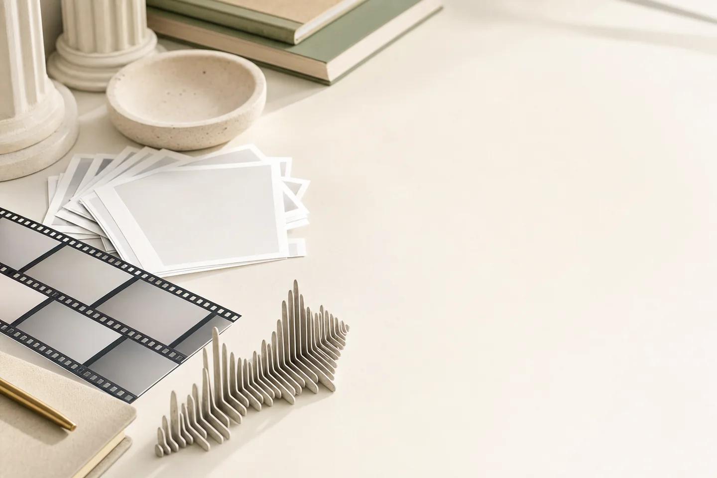Classical column bases and a stone bowl beside blank cards, a film strip, a notebook with a pen and a sculpted sound wave.