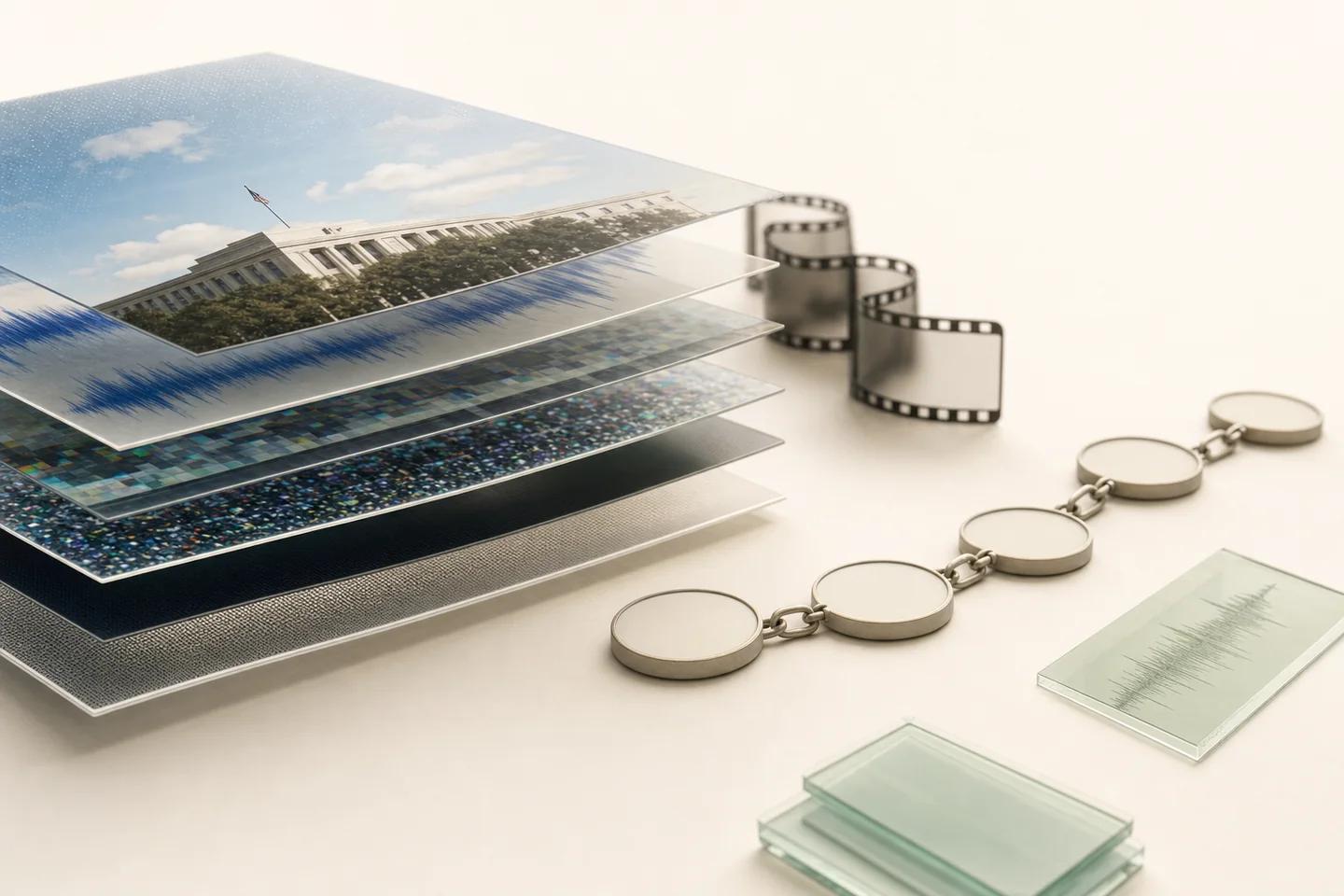 Layered glass panels printed with a government building, a film strip and a chain of discs on white.