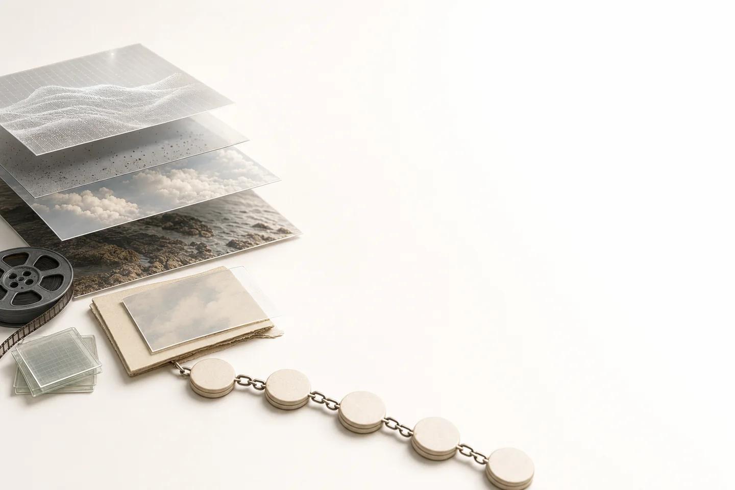 Layered translucent image sheets stacked above a film reel and a photo print, connected to a chain of round tokens on a white surface.