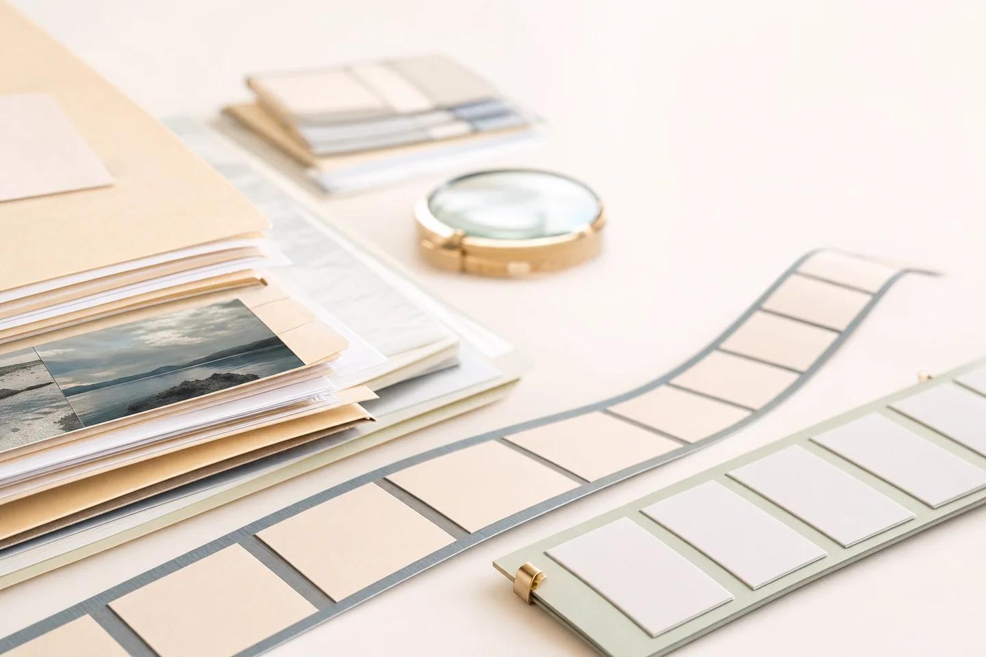 Folders with a coastal photograph tucked inside, a gold magnifier, and two strips of blank frames laid out like a contact sheet.