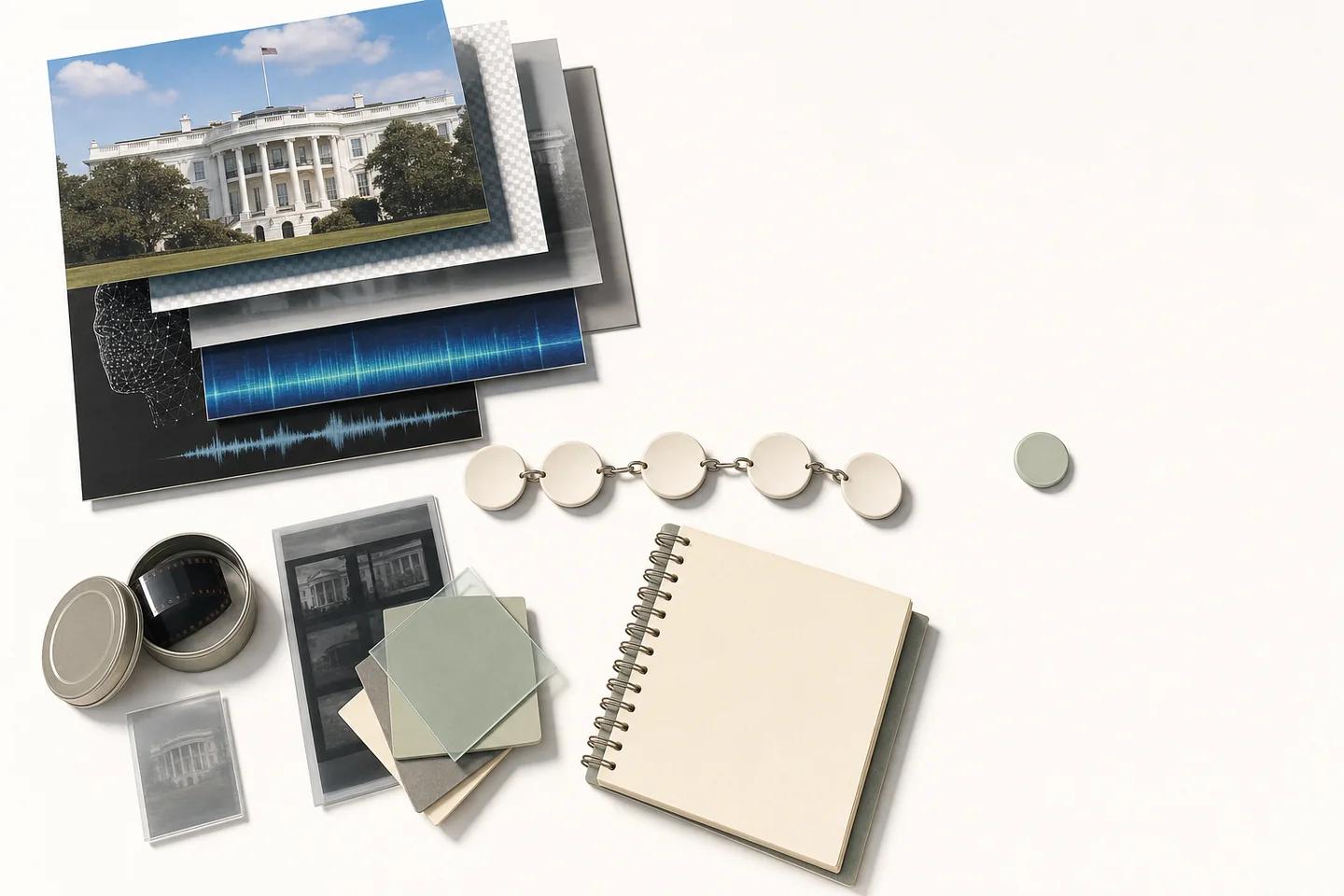 Stacked prints of a government building fan out into layers showing a transparency grid, a face wireframe and audio waveforms, beside a film canister, negatives, glass swatches and a notebook.