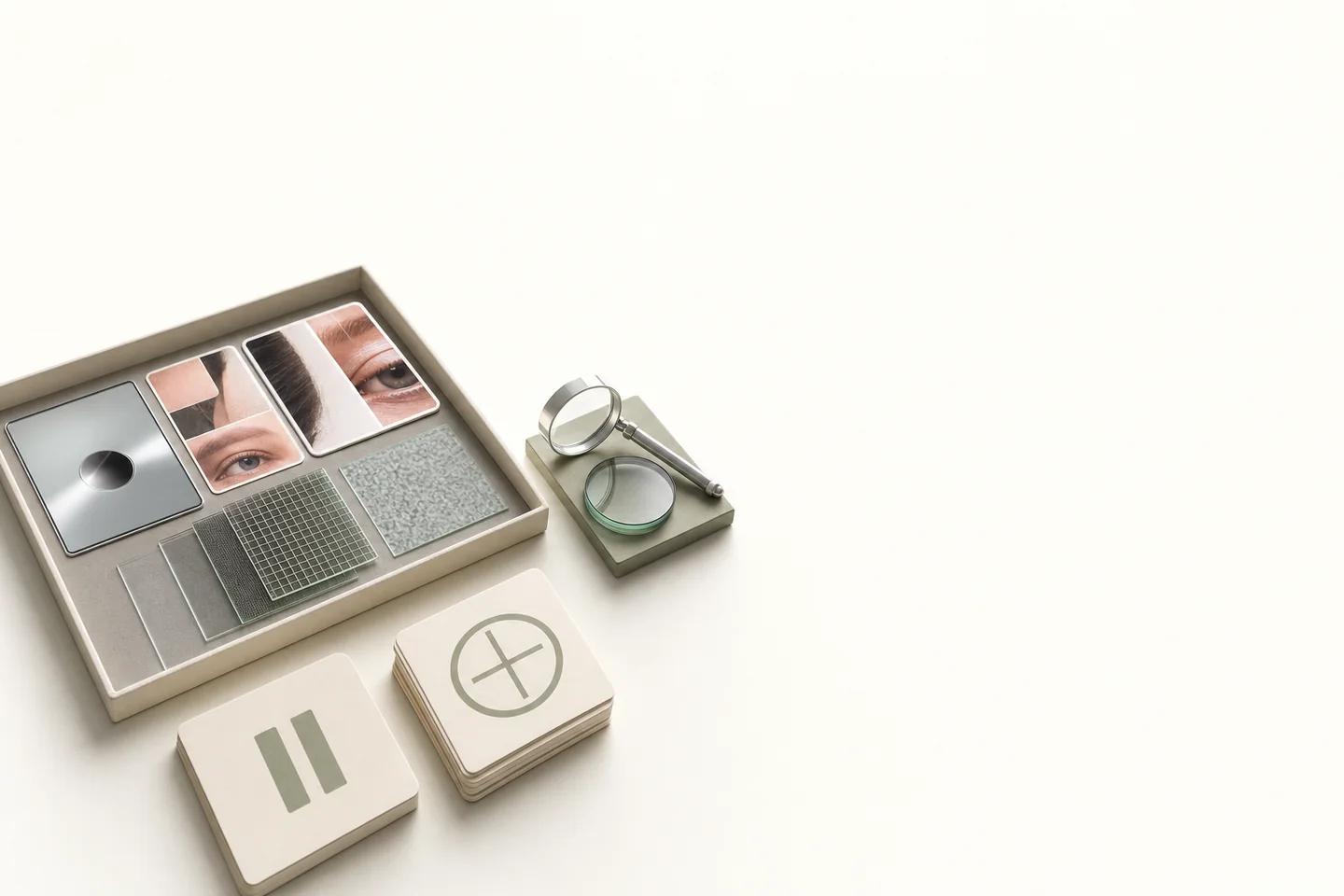 A tray holding cropped photo cards of eyes and brows next to glass texture samples, with a magnifying glass and pause and plus tiles beside it.