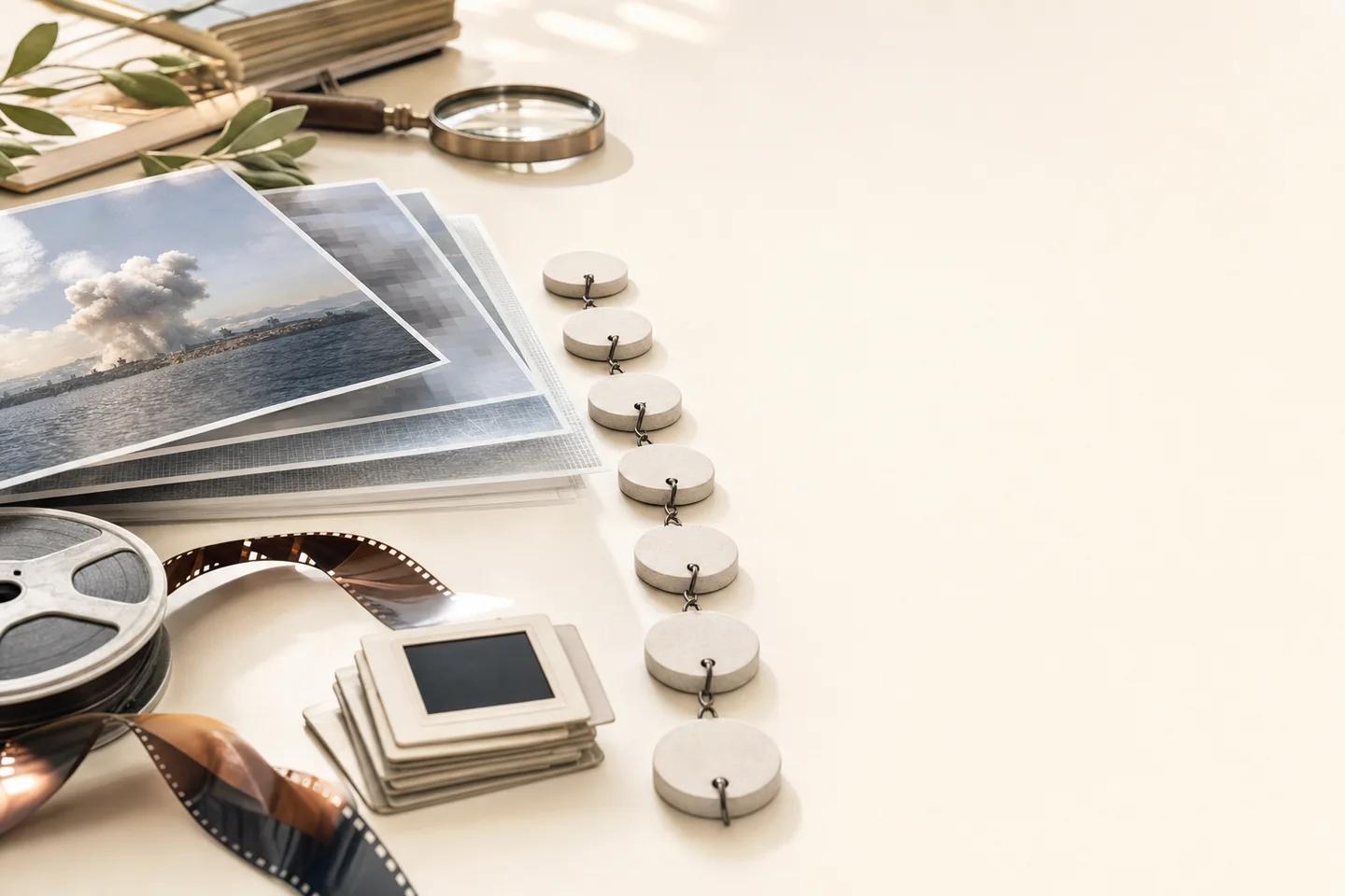 Prints of a smoke plume over a harbour fanning into pixelated layers, beside a film reel, slide mounts, a chain of discs and a brass magnifier.
