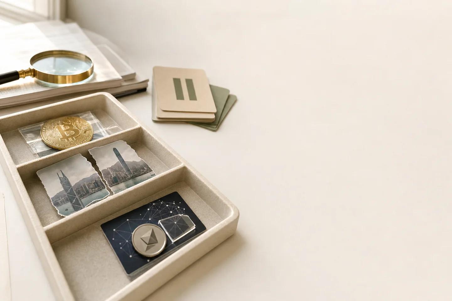 Verification objects arranged on a white surface, representing review of a high-value transfer request.
