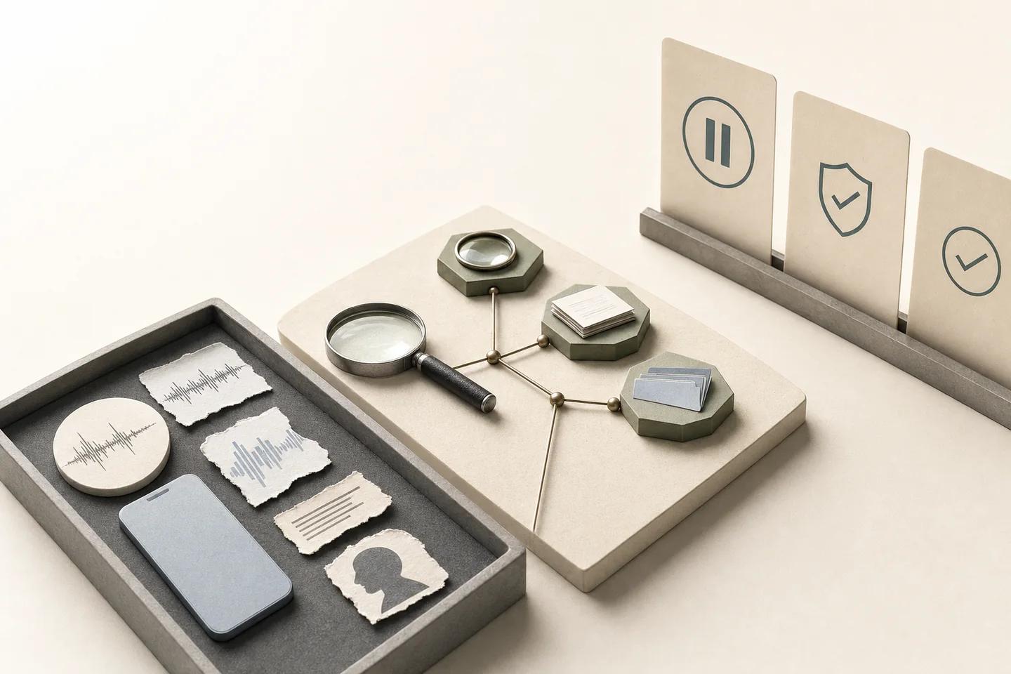 Verification objects arranged on a white surface, representing AI-generated phone calls used in social engineering.