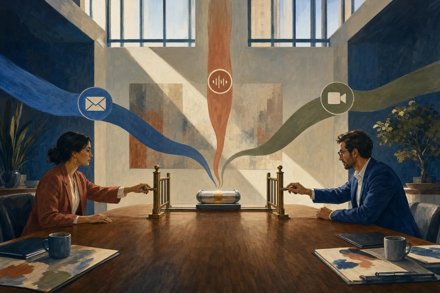 Two fictional finance colleagues stop a converging multichannel request at separate approval gates.