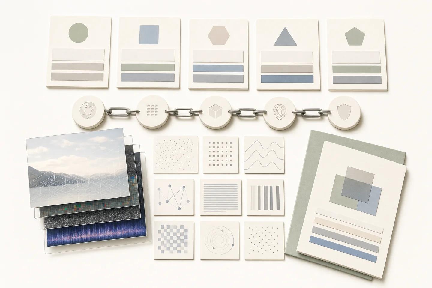 Still life of identity verification objects on a white surface, used to illustrate a comparison of deepfake detection companies.