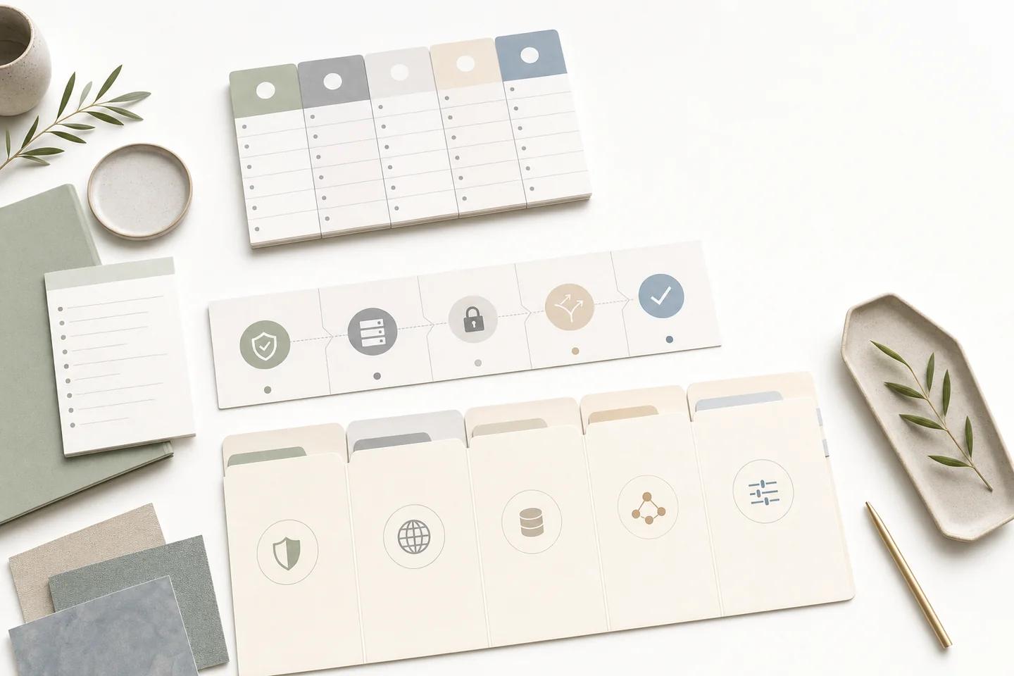 Checklist cards, a strip of icons running from shield to server, lock and approval, and labelled folders on a white desk.