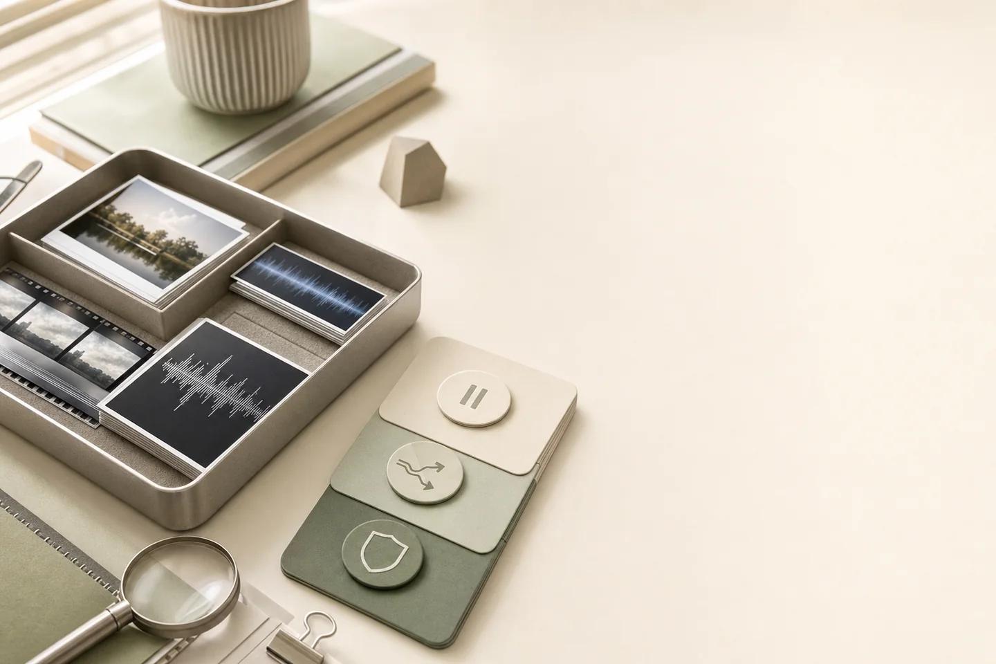 Verification objects arranged on a white surface, representing deepfake detection steps for fraud teams.