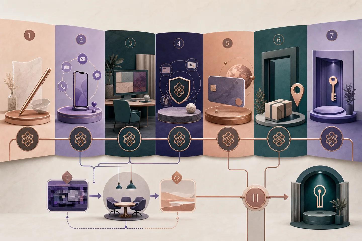 A seven-stage hiring storyboard carries an identity-binding motif from application through interview, onboarding, payment, device delivery, and account access.