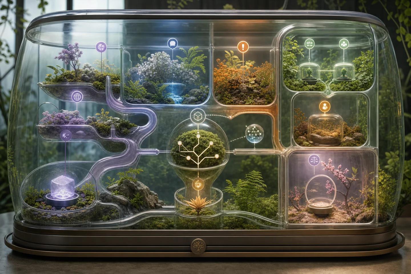 A glass policy terrarium separates content, context, distribution, harm, rule fit, remedies, human review, and appeal.
