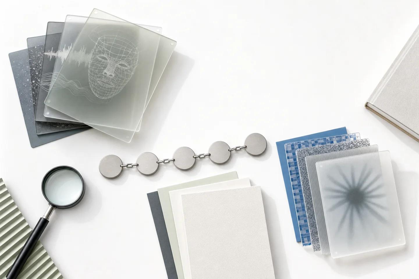 Light enterprise still life for deepfake detection for fintech: how-related verification objects on a white surface, no people.