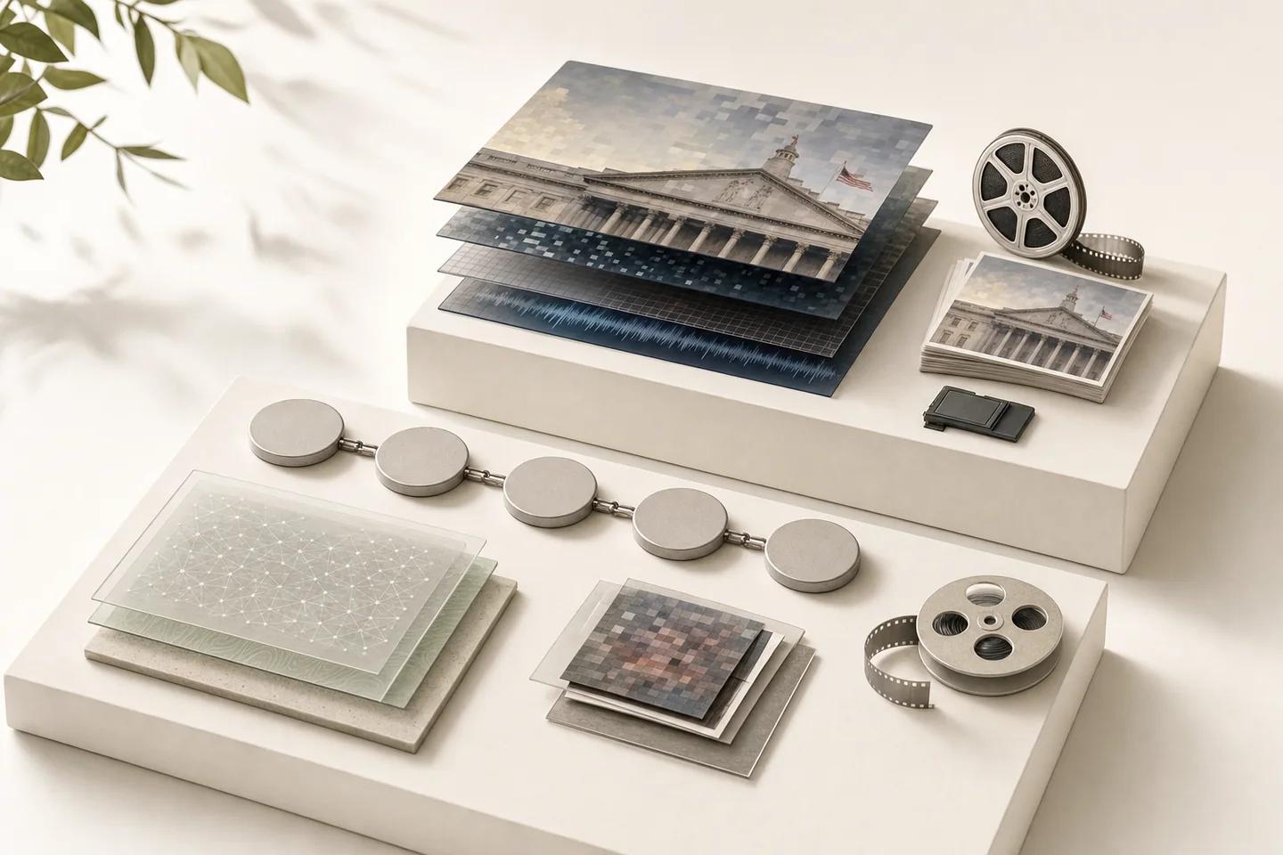 Layered prints of a government building on a white plinth with film reels and linked discs.