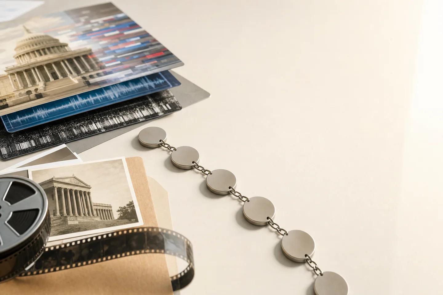 Prints of a domed government building over a waveform strip, with a film reel and a chain of discs.