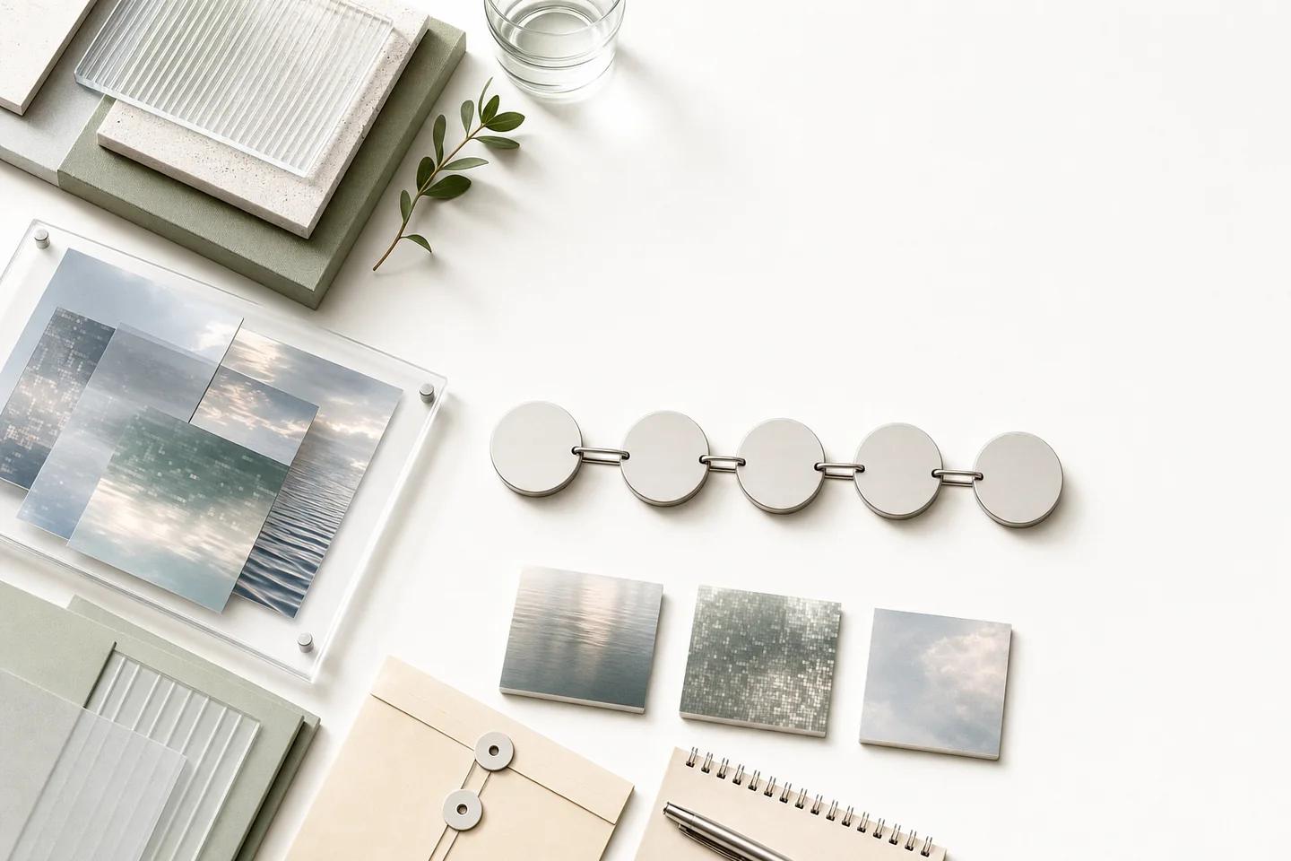 Acrylic frame of sky and water fragments, small image tiles, a chain of discs, a sealed envelope, notebook and ribbed panels on a white desk.
