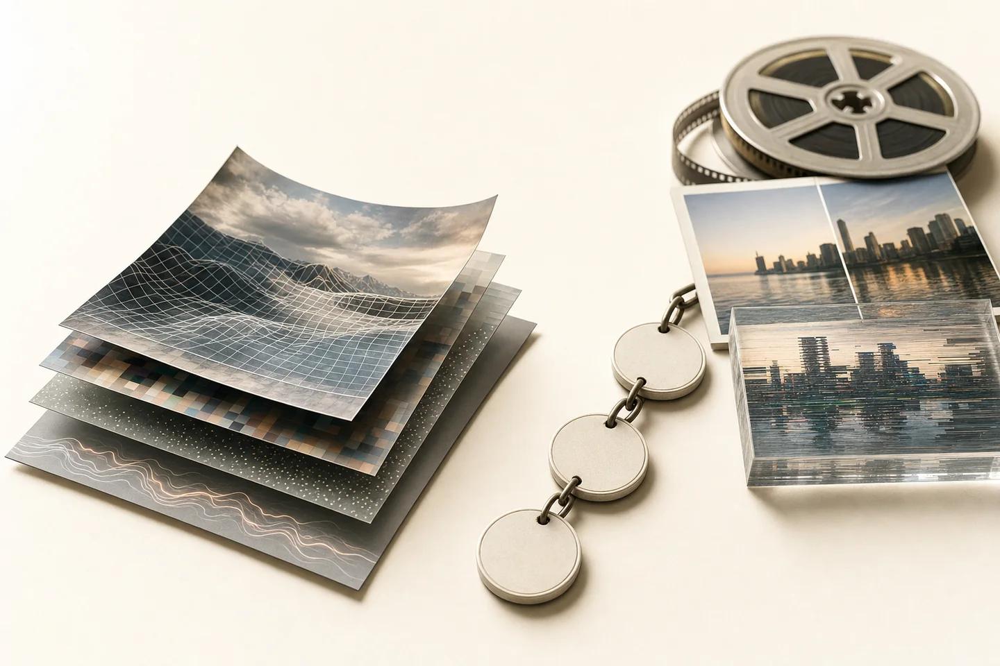 A landscape print lifting away to reveal wireframe, pixel and noise layers, beside a film reel, city skyline photos and a glitched acrylic block.