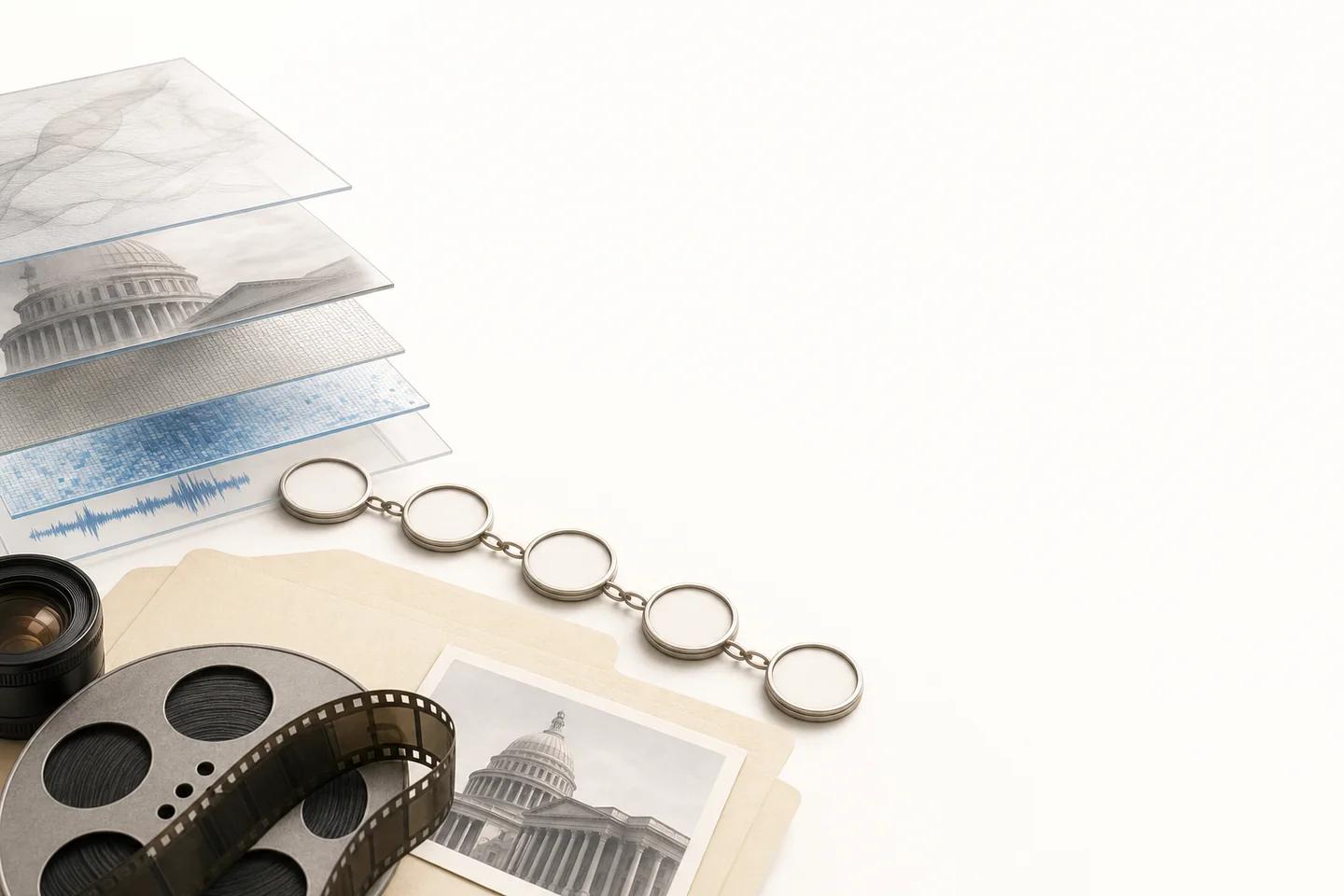 Glass sheets with faint images of a capitol and a waveform, a film reel and a chain of discs on folders.