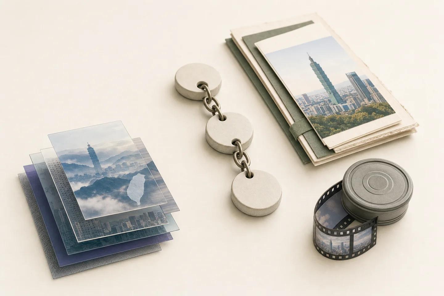 Layered prints of a city skyline in mist beside a stack of folders, a film canister and linked discs.