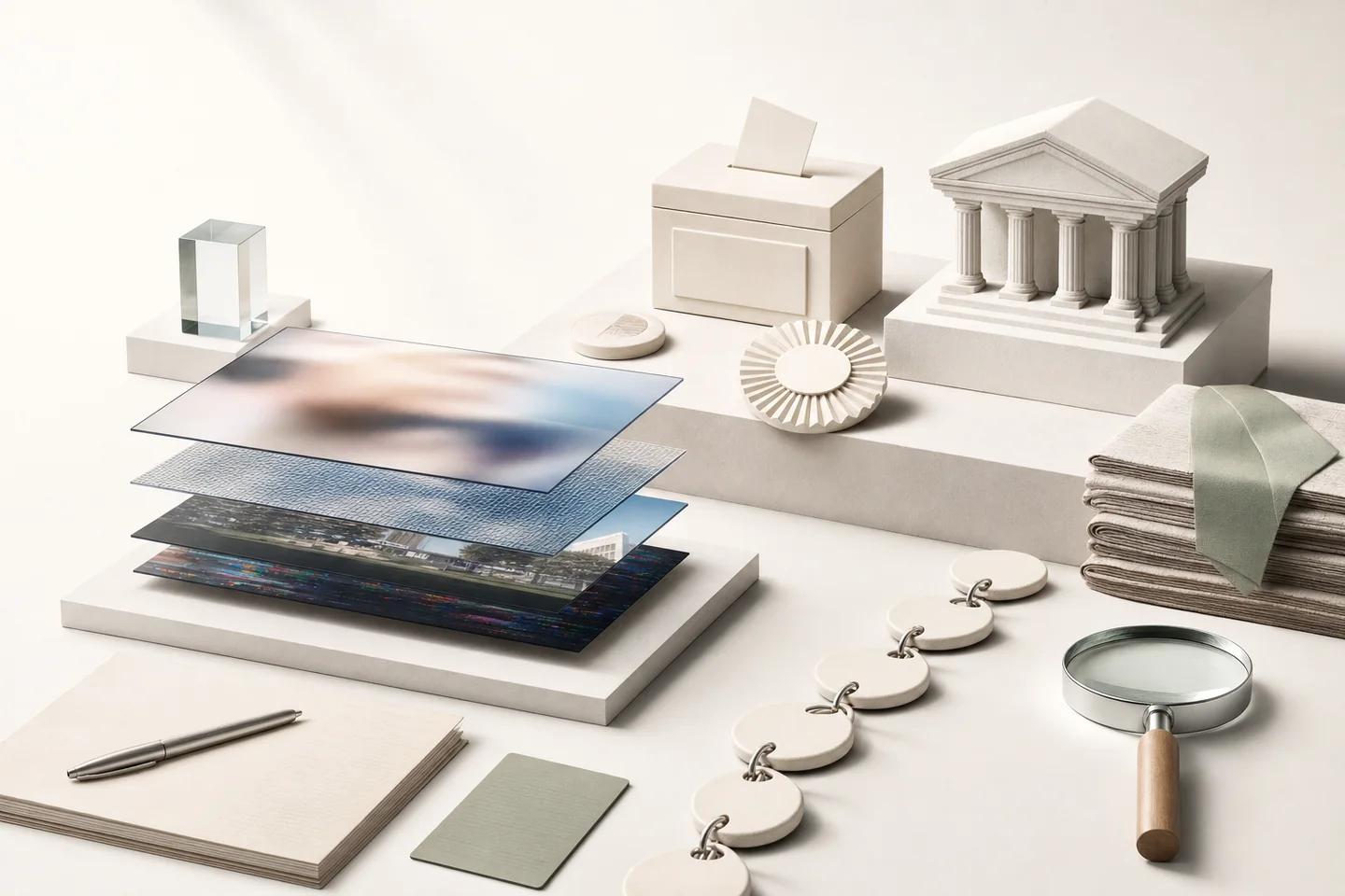 A small ballot box and a columned building model on white blocks, beside layered glass images and a magnifier.
