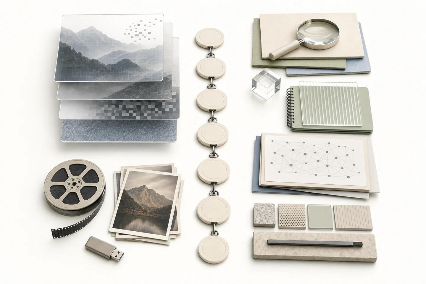 Layered landscape prints dissolving into pixels, a film reel and USB drive, a column of linked discs, and stacked cards with a magnifier and texture samples.